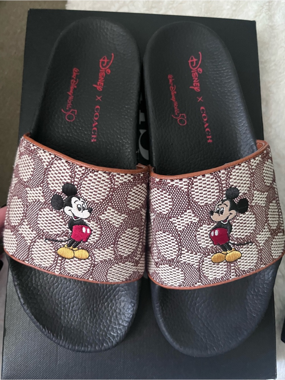 Coach Brown Monogram Mickey Mouse Slide Sandals with Black Footbed